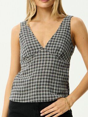 Afends Giselle Seersucker Top - Asta Steel Check - Size Medium